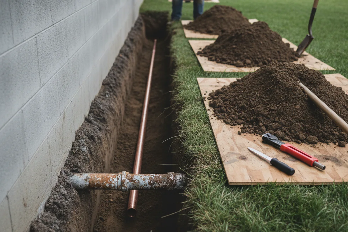 Excavated water line trench during Water Heater Repair in Hayward